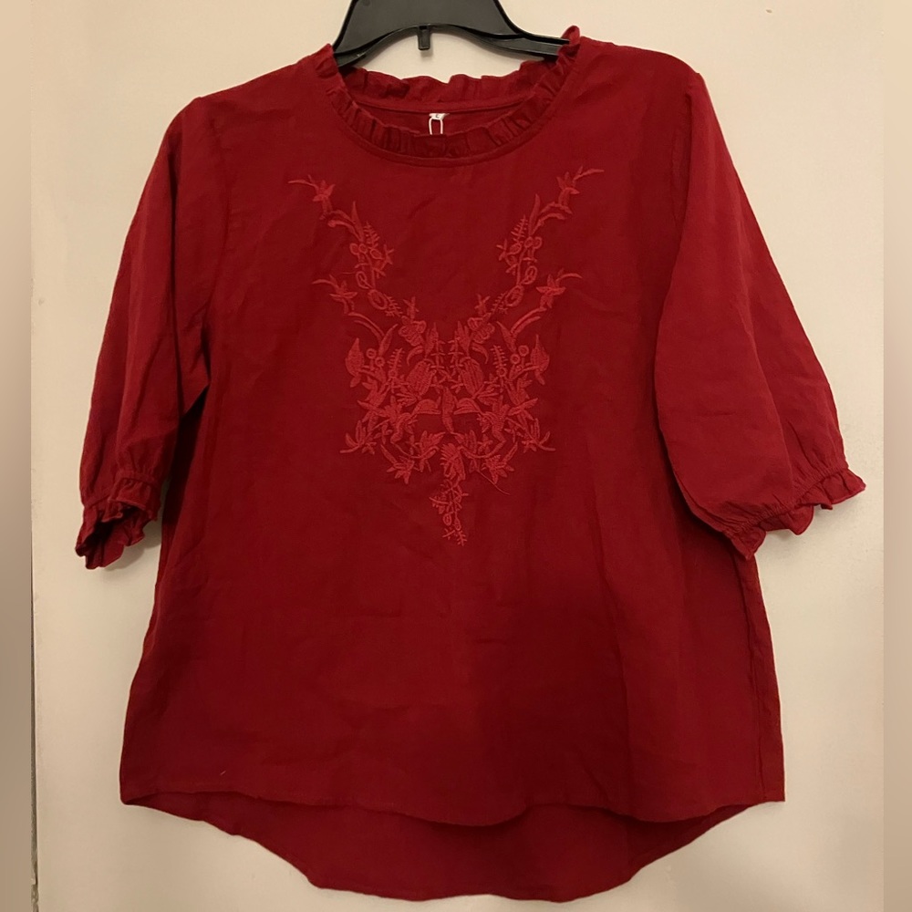 COPY - Red Embroidered Ruffle Neck Puff Sleeve - Picture 2 of 6